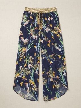 Trina Turk Navy Floral Swim Coverup Pants with Gold Waist Detail